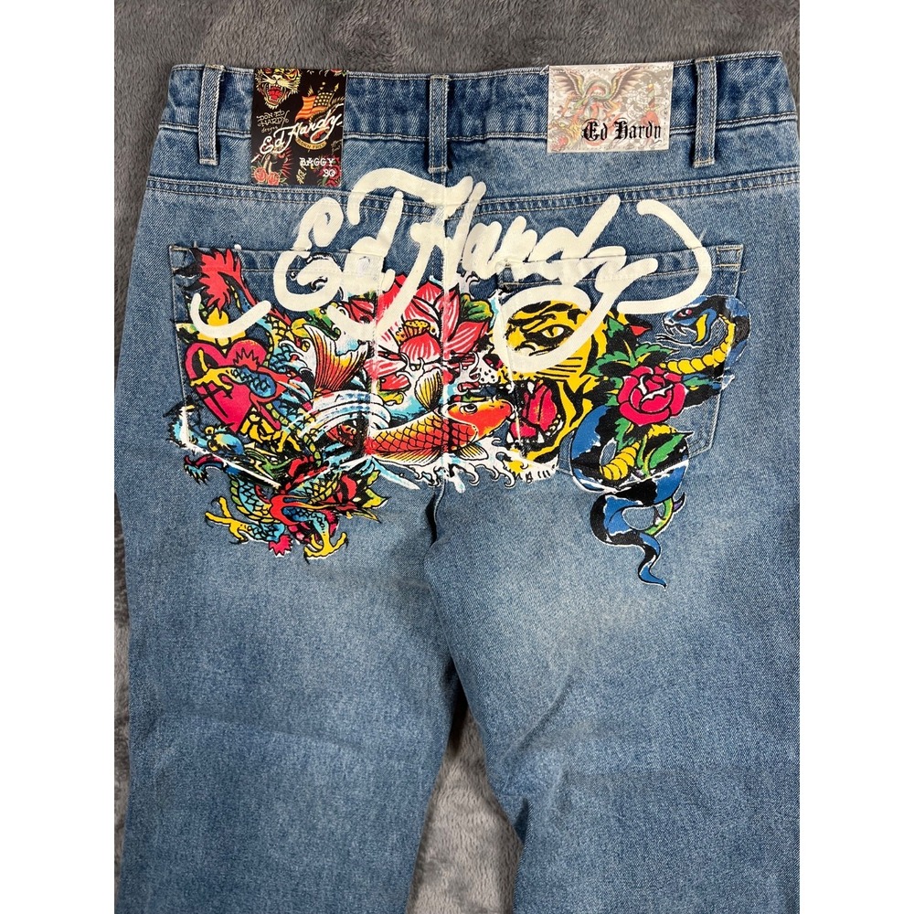 Ed Hardy Jeans Womens 30 32x32 Blue Denim Tattoo Koi Graphic Baggy Wide Leg